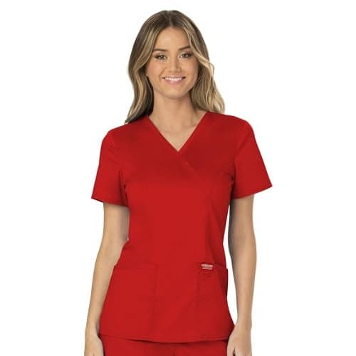 Cherokee Scrubs Top for Women Mock Wrap with 3 Pockets, Soft, 2-Way Stretch & Durable Fabric - WW610, XS, Red