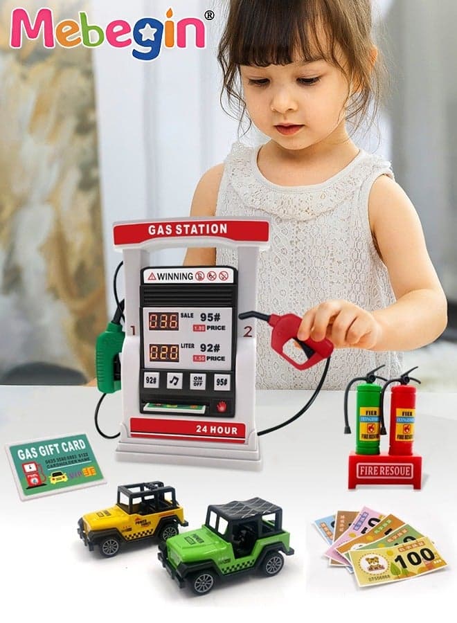 Gas Station Set with 2 Cars and Multi Accessaries, Petrol Station Learning Toy with Sounds and Lights, Funny Play House Toys, Early Education Toys, Ideal Gift for Kids, 3 AA Batteries Required(Not Included), 16*5*18cm