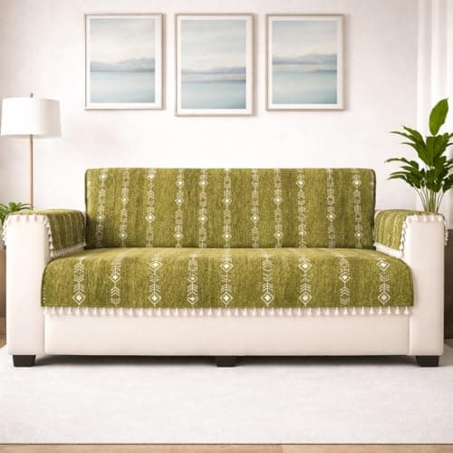 STITCHNEST Chenille Printed Sofa Cover 2 Seater with 2 Hand Rest Covers – Washable Green Sofa Cover with Tassels – Durable Premium Fabric – Stylish Sofa Protector for Living Room & Furniture Decor