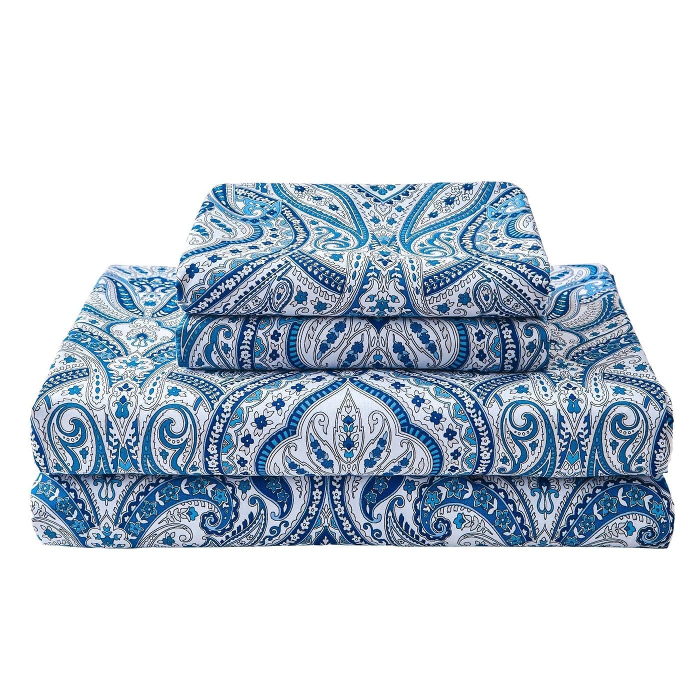 Blue Paisley Printed Queen Size Sheet Set Blue Floral Sheets Queen Cozy Microfiber Fitted Sheet with 15 Deep Pocket NonSlip Straps Flower Patterned Sheets Pillowcase Sets