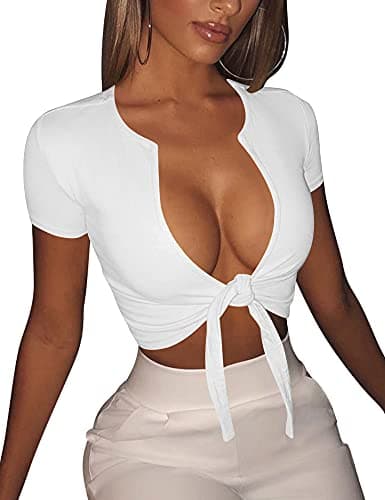 BORIFLORS Women's Sexy Tie Up Crop Top Short Sleeve Deep V Neck Casual Basic T Shirt,Large,White