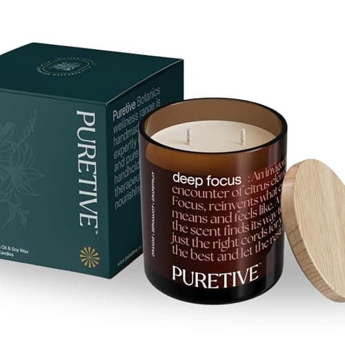 PURETIVE DeepFocus Scented Candle – 100% Pure Soy Wax with Orange, Bergamot & Grapefruit | Strong Fragrance, 35 hrs Burn Time | Energizing Gift for Him & Her