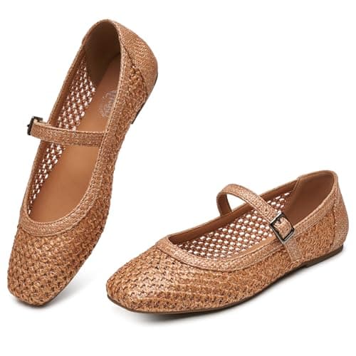 Trary Mary Jane Shoes Women Woven Flats for Women Ballet Flats Shoes Squared Toe Mary Jane Flats Ankle Strap Dressy Comfortable Brown Size 7