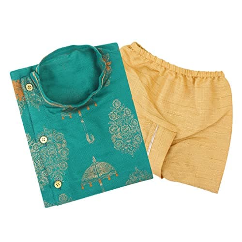 superminis Boy's Golden Foil Printed Side Open Cotton Kurta, Round Collar, Full Sleeves With Cream Color Dhoti, Kurta Set (Green, 12-18 Months)