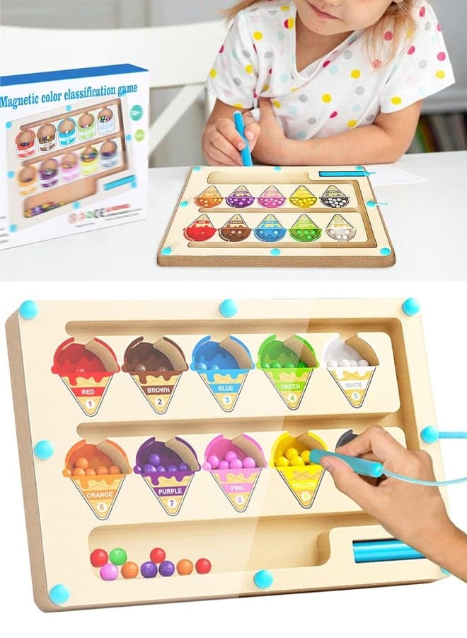 Magnetic Color and Number Maze Montessori Toy for 3+ Years Old Girls Wooden Magnet Balls Puzzles Toddler Busy Board Game Preschool Learning Activities Christmas & Birthday Gift for Kids (Ice Cream)