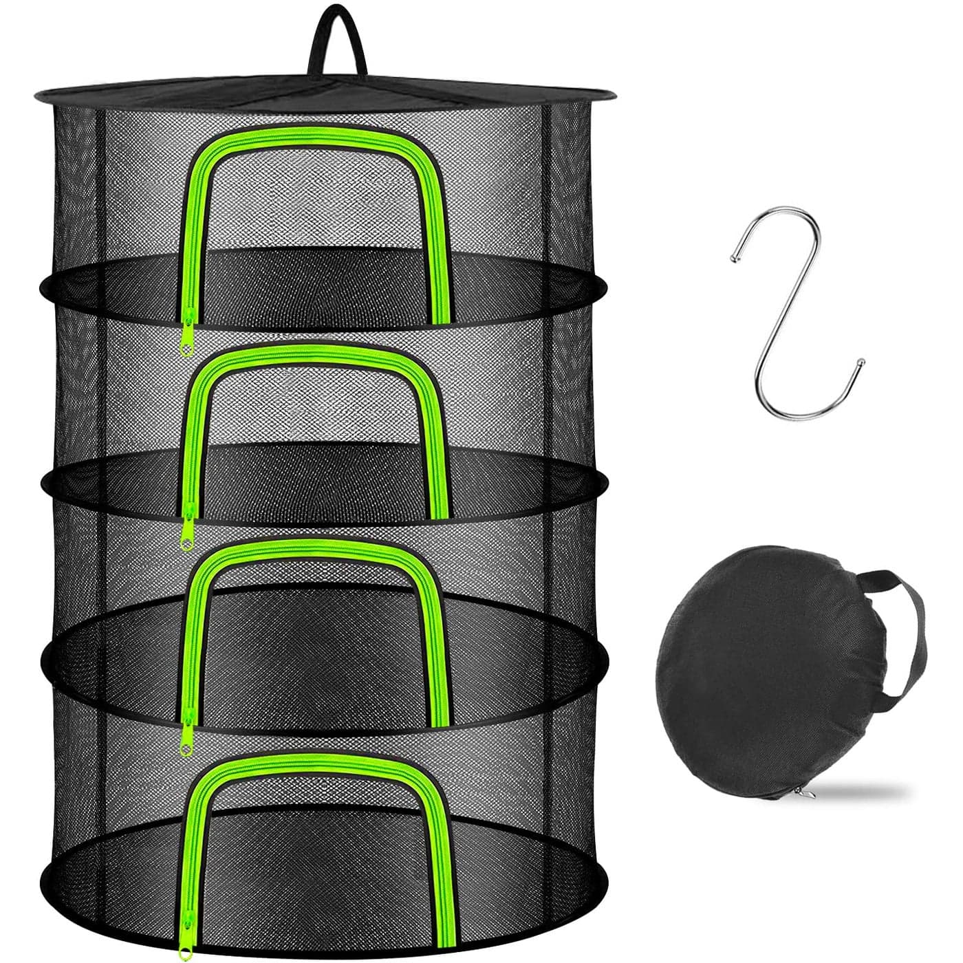 Coopache 4 Layer Herb Drying Rack Hanging Mesh Plant Dry Net Basket for Herbs Plants Flower Vegetables Spices Fish Food with Green Zippers