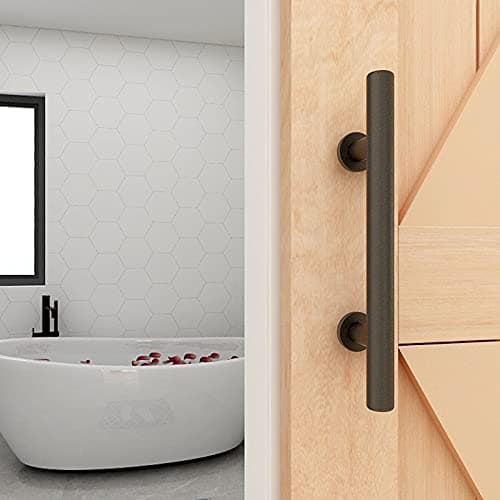 TOIMIOTOIM Modern 9.5" Sliding Barn Door Pull Handle with Flush Hardware Set Rustic Design Black Powder Coated Finish, Anti-Rust, Heavy Duty Both Side Handles Design