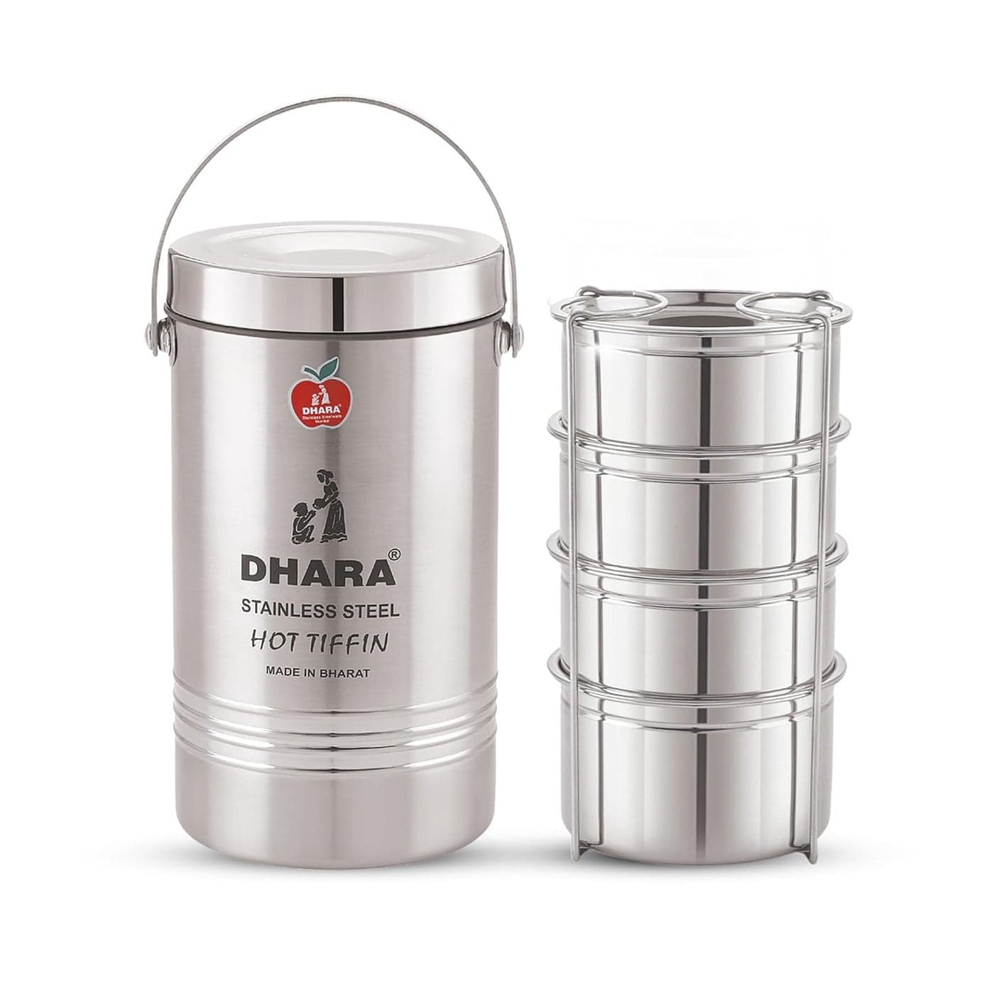 Dhara Stainless Steel Insulated 4 Tier Compartment Mazaana Medium Lunch Tiffin Box 1300ml PCS 3 X 300 ml 1 X 400 ml Containers Stainless Steel Compartment Pyramid Tiffin Carrier with Handle