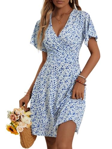 FENSACE Brunch Outfits for Women Faux Wrap Petite Country Outfits for Women(White Blue Floral-63,Medium)