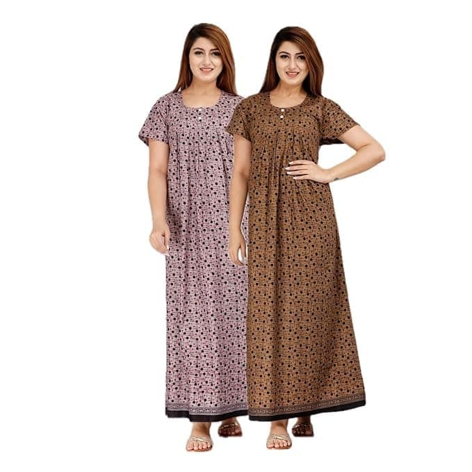 KBNBJ Women’s Cotton Printed Nighty (Pack of 2) – Ankle-Length Maxi Gown Night Dress – Free Size, Soft & Comfortable Sleepwear (Purple,Brown, Free Size)
