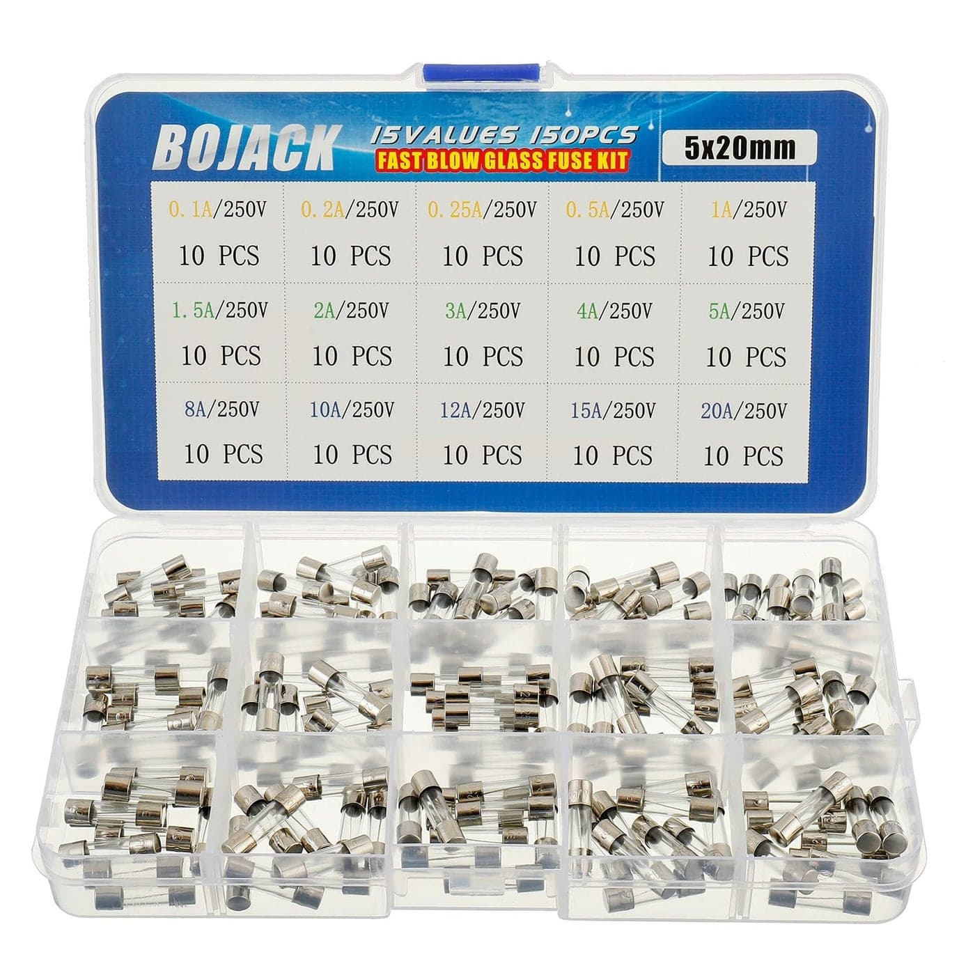 BOJACK 15 Values 150 pcs Fast Blow Glass Fuses Assortment Kit 5x20 mm 250 V 0.1 0.2 0.25 0.5 1 1.5 2 3 4 5 8 10 12 15 20 A packag in a Clear Plastic Box