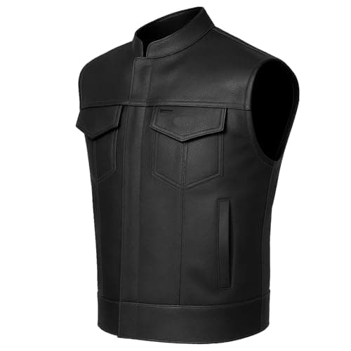 Men’s SOA Motorcycle Vest – Premium Buffalo Leather Multiple Pockets Club Style Biker Vest with Metal Zippers Black M