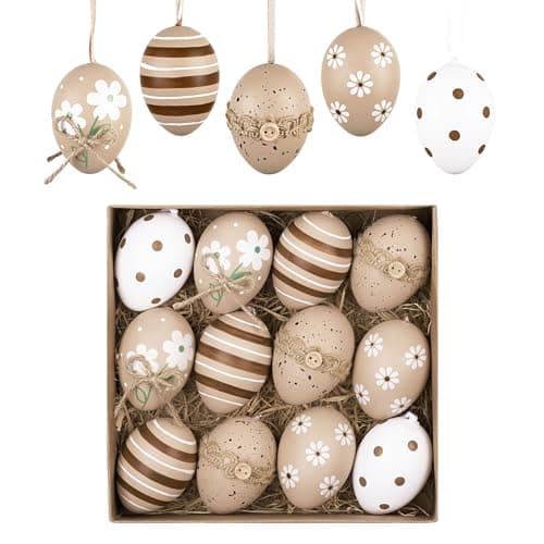Valery Madelyn 12Pcs Plastic Easter Eggs Ornaments Tree Decoration, 2.36" Neutral Beige White Easter Eggs Bulk, Shatterproof Decorative Hanging Decorations for Spring Holiday Party Decor