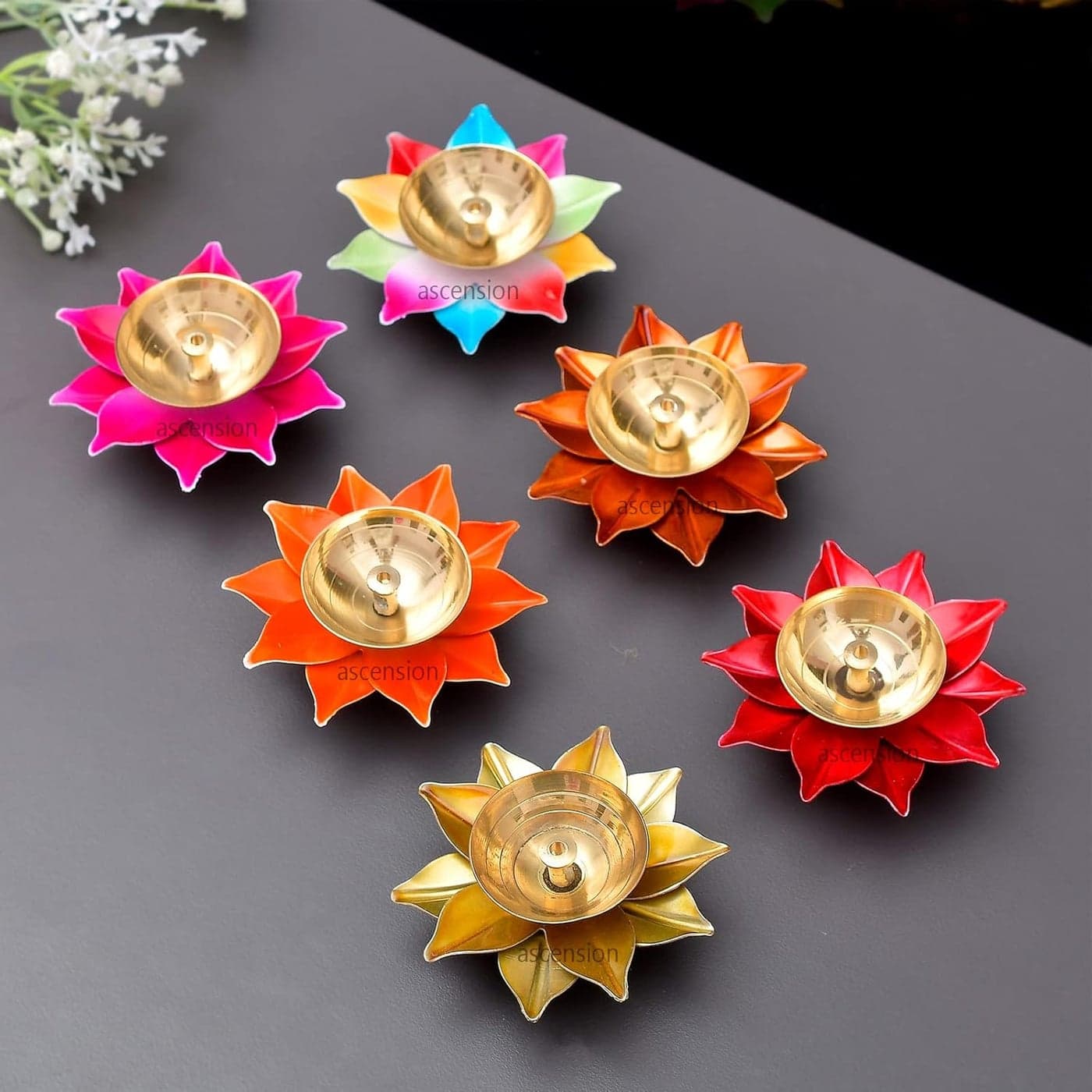 Ascension Handicraft Brass Lotus Diya for Puja Kamal Patti Flower Shaped Brass Diyas Oil Lamp for Pooja Room aarti Temple mandir Home Decoration Gift Purposes Pack of 6