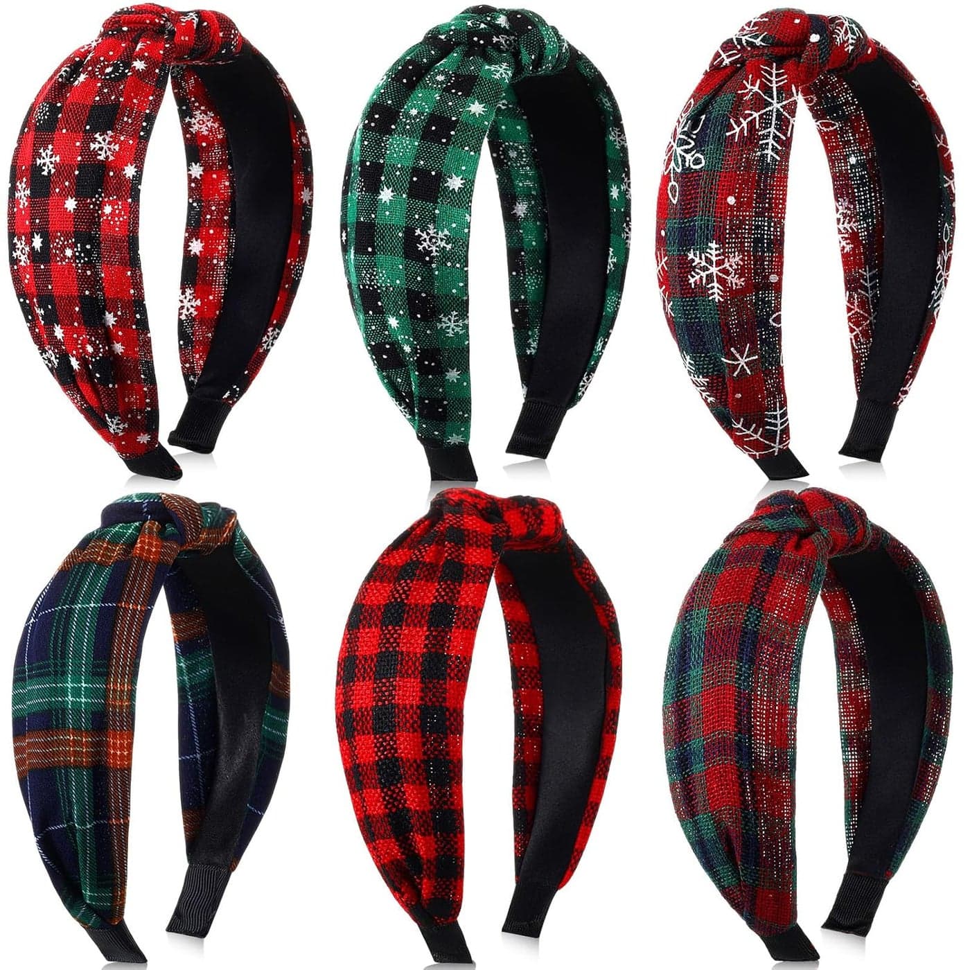 Hoteam 6 Pcs Christmas Knotted Plaid Headband for Women Wide Retro Turban Headband Buffalo Plaid Hair Band with 1 Fabric Drawstring Gift Bag for Womens Hair Accessories Xmas Gift