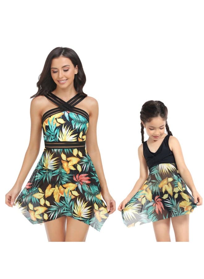 2024 Mother-daughter Split Swimsuit Hot Spring European And American Mesh Swimsuit Female Hi Fish Wholesale-Color:yellow Leaves-