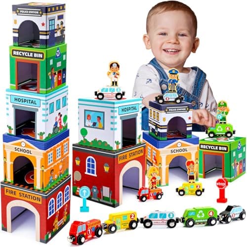 Baby Stacking Toys for Toddlers Magnetic Wooden Cars Garage Sorting Community Helpers Preschool Educational Learning Montessori Toys Birthday Gifts for Kids Number Blocks Nesting Boxes