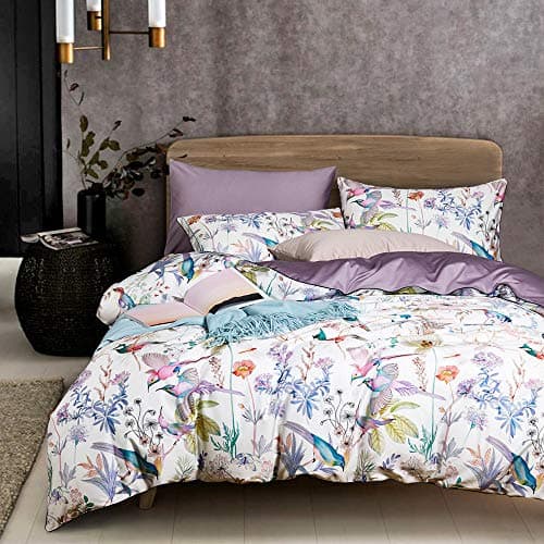 VM VOUGEMARKET Purple Floral Birds Duvet Cover Set,Botanical Flower Plants Pattern Bedding Set in Lilac with Zipper Closure No Comforter(3pcs, Queen Size)