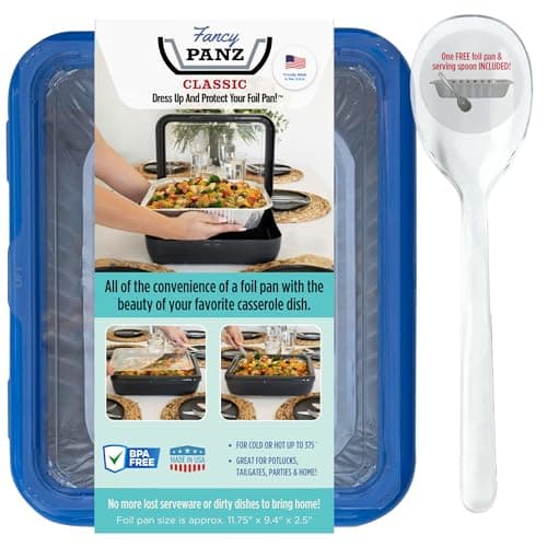 Fancy Panz Classic, Food Serving Tray, Made in the USA Foil Pan Carrier, Stackable Aluminum Pan Holders with Clear Lid, Travel Casserole Carrier With 1 Disposable Foil Pan & Serving Spoon, Denim Blue