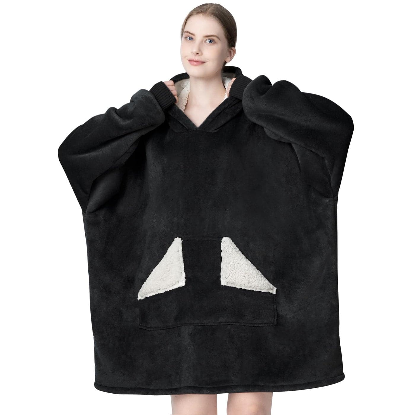 Touchat Wearable Blanket Hoodie Oversized Sherpa Blanket Sweatshirt with Hood Pocket and Sleeves Gifts Hooded Blanket for Adult Women Men Black