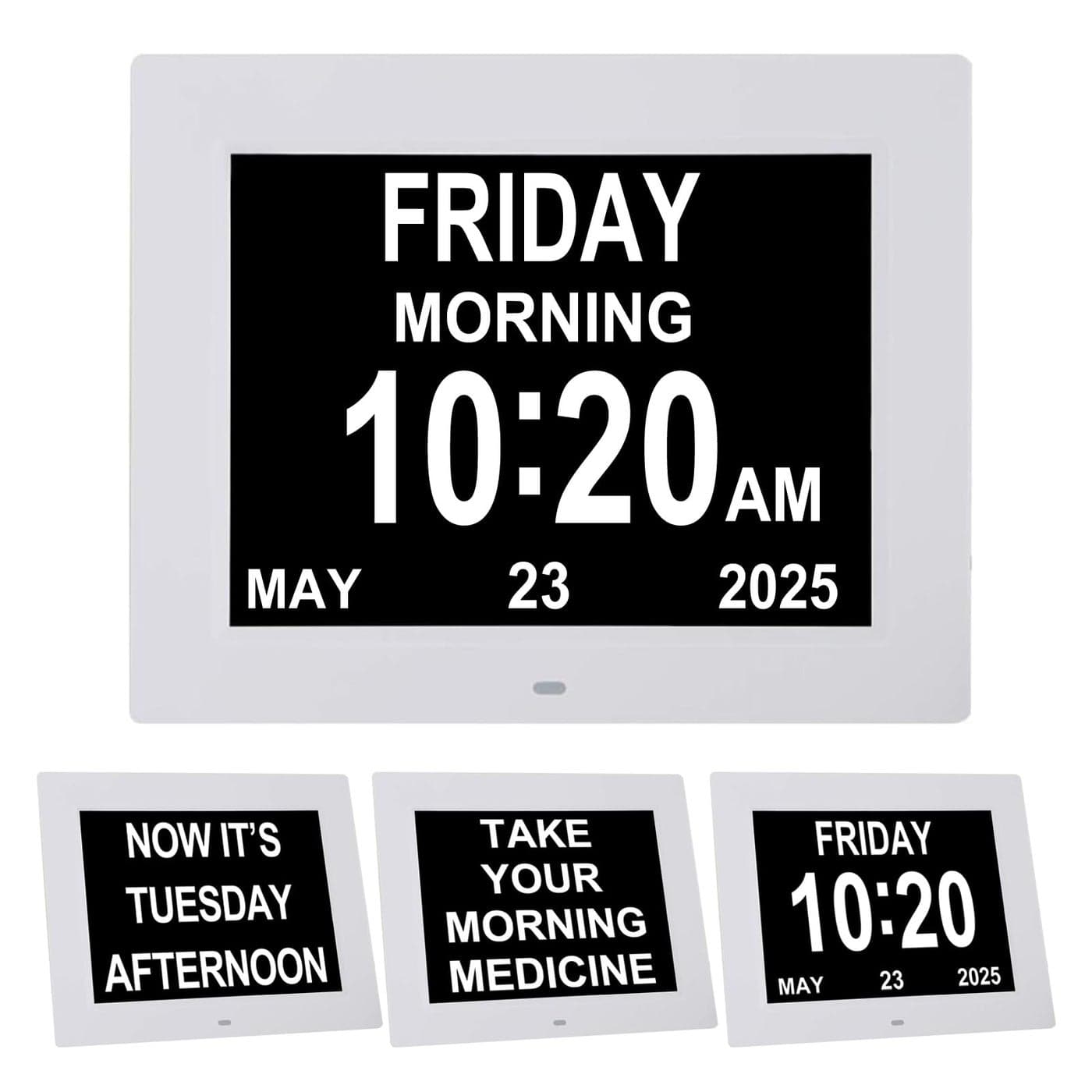 TMC 8 Inch Dementia Clock for Seniors Large Display Calendar with Date Large Digital Calendar Day Week 3 Medication Reminders 5 Alarms SD Card Video Wall Mountable Detachable StandWhite SD