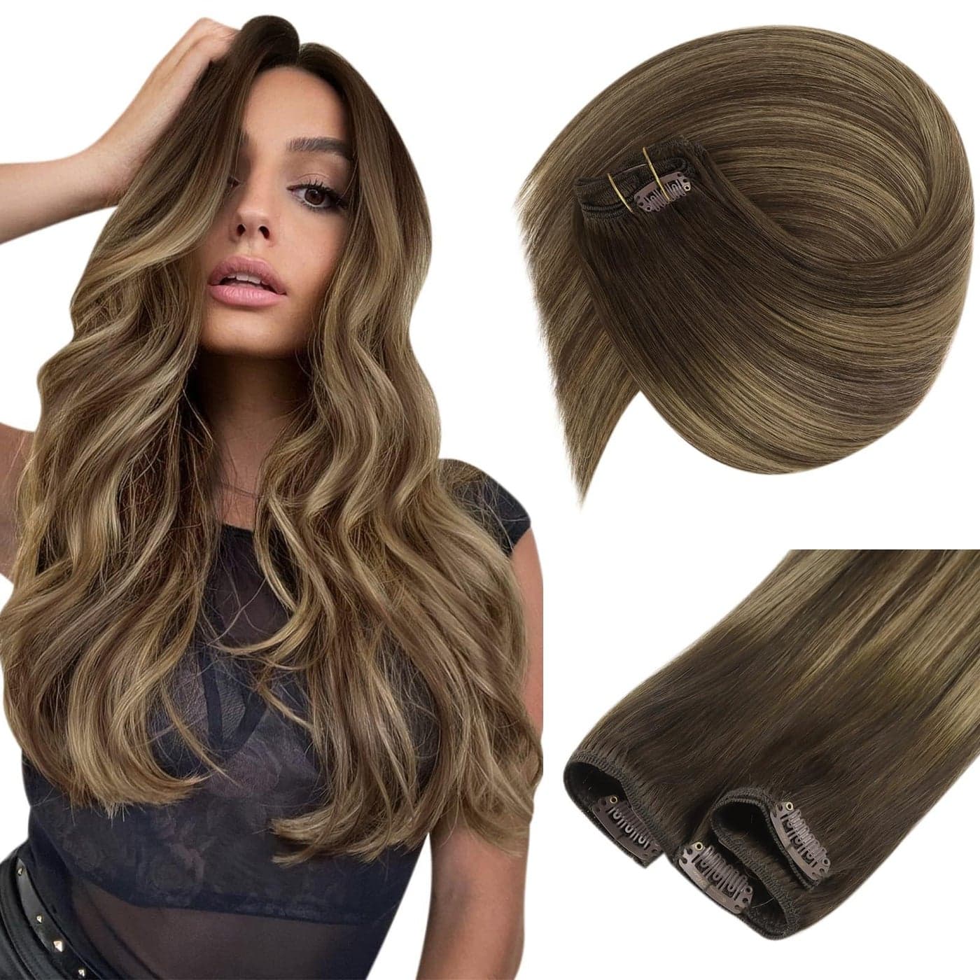 Sunny Hair Clip in Hair Extensions Straight Human Hair Clip in Extensions Remy Clip in Hair Extensions Real Human Hair Extensions Clip ins Balayage Chocolate Brown Ombre Caramel Blonde 12inch