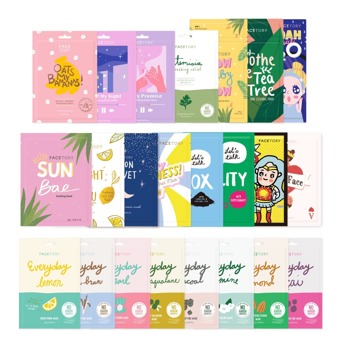 FACETORY K Beauty Face Mask Skin Care 23 COLLECTION Sheet Mask Set Natural Premium Korean Face Mask For All Skin Types No Sulfates No Parabens 23 pc