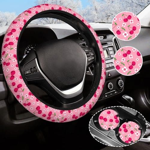 Cherry Steering Wheel Cover AntiSlip and Practical 14515 Inch Universal Car Steering Wheel Cover with 2 Pieces Car Coasters Suitable for Men Women