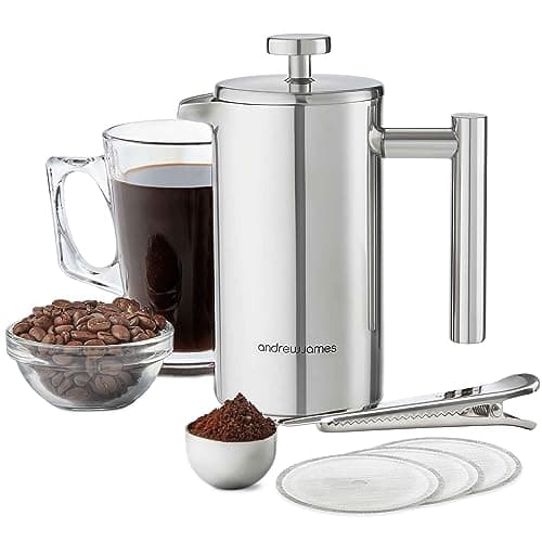 andrew james Double Walled Stainless Steel Cafetiere Gift Set With 3 Mesh Filters Coffee Measuring Spoon And Bag Sealing Clip Delicious French Press Coffee Easy to Clean 350ml Stainless Steel
