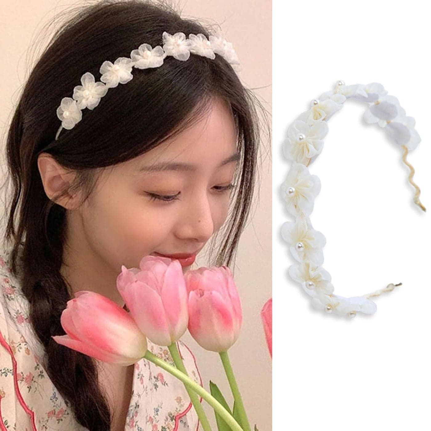AIUPUOC French Floral Pearl Headband with White Flower Design for Girls PearlEmbellished Spring Hair Accessory