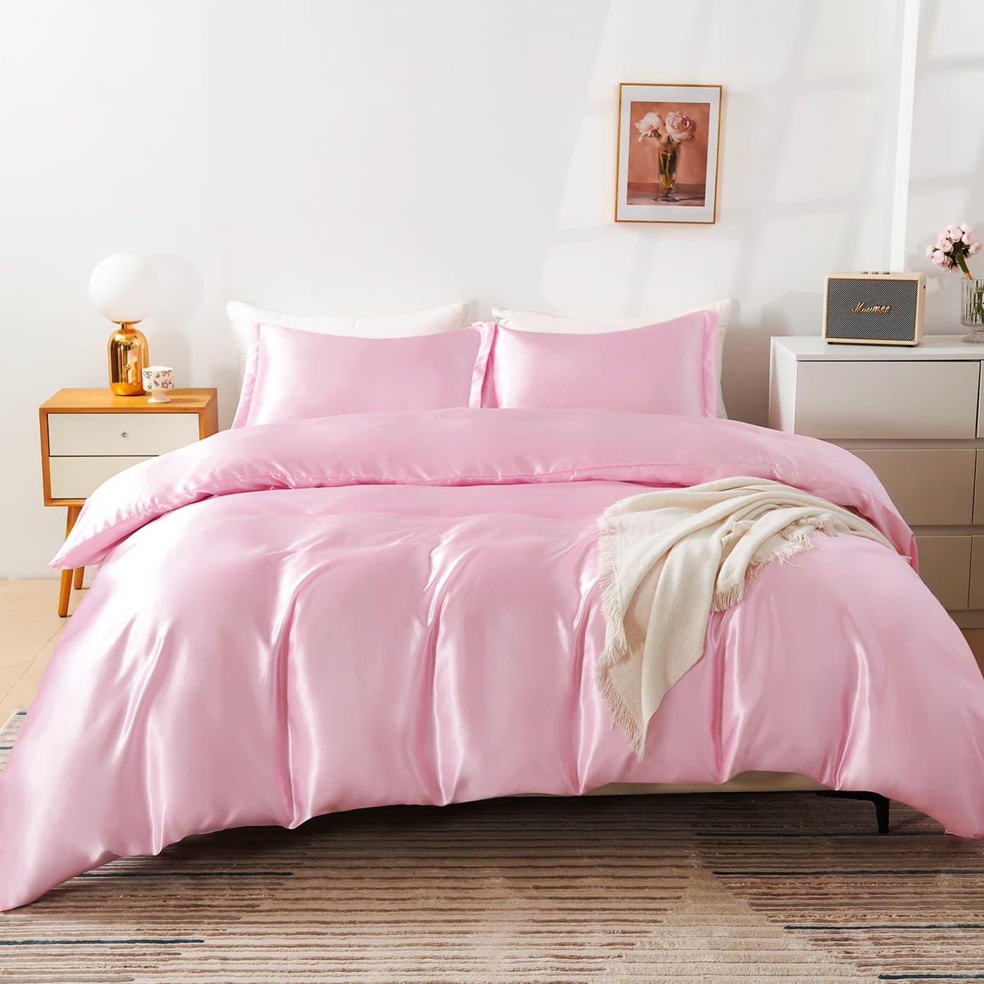 HOdo Home Satin Duvet Cover Twin Size 3 Piece Silk Like Comforter Cover Ultra Soft and Breathable Bedding Set with Zipper Closure Corner Ties Pink