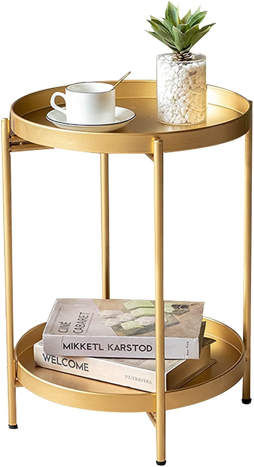 Indian Decor 44113 Iron Round End Table2 Layer Small Side Sofa Accent Side Table with Removable Tray for Living Room Bedroom Balcony OfficeGold