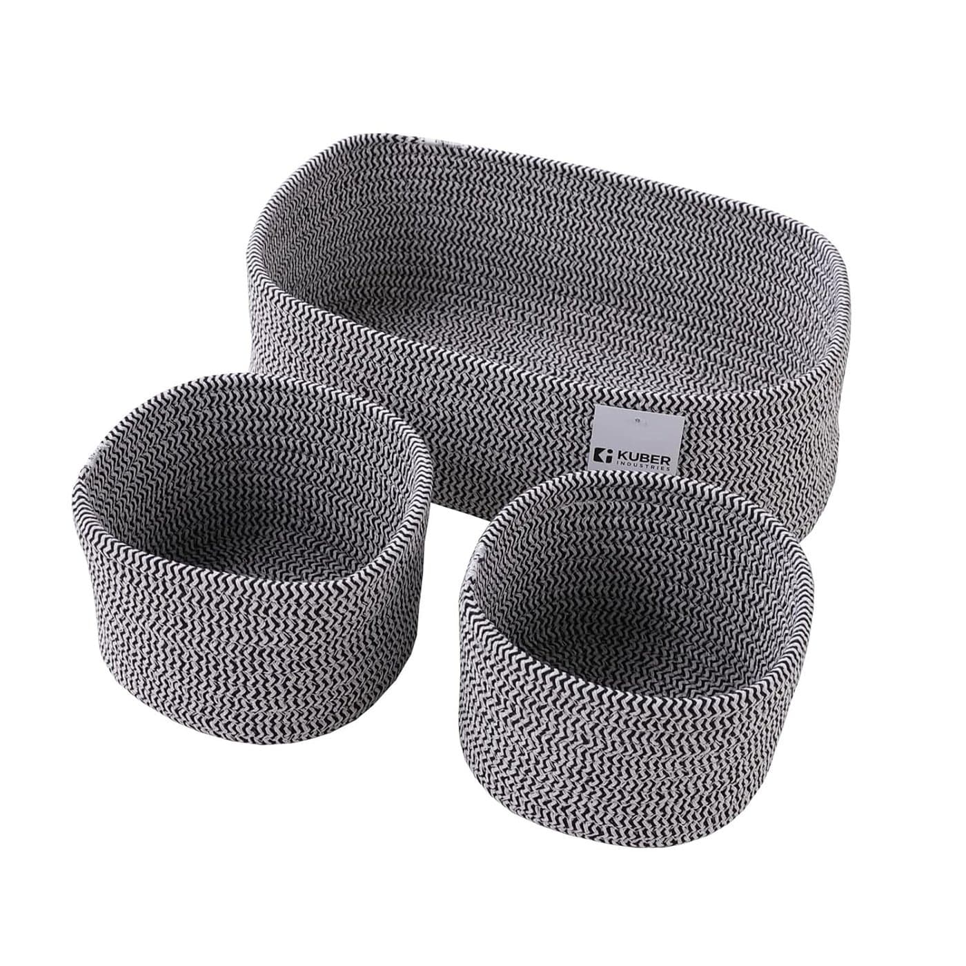 Kuber Industries Pack of 3 Cotton Woven Storage Basket With Handle Shelf Basket Hamper Organizer for Toys Socks Cosmetic Capacity 92L 3L 3L Stylish and Functional Organization Solution