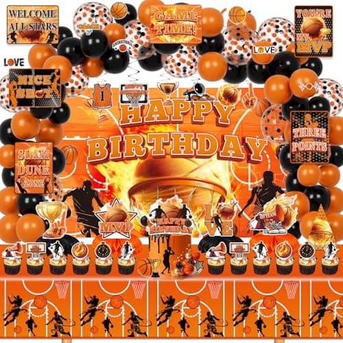 KOTLMIGHT Basketball Birthday Party Decorations 163Pcs Basketball Themed Party Decor Supplies for Boys Birthday Backdrop Banner Balloons Tablecloth Centerpieces Hanging Swirls Wall Signs