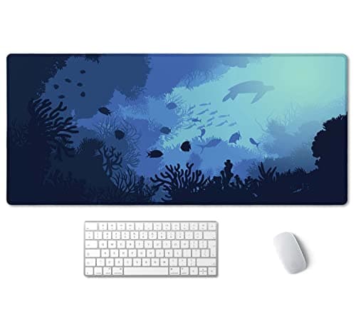 SSOIU Blue Ocean Big Turtle Desk Mat, Under The Sea Peaceful Extra Large Mouse Pad, Extended Gaming Mat 35.5" X 15.7", Large Non-Slip Rubber Base with Stitched Edges