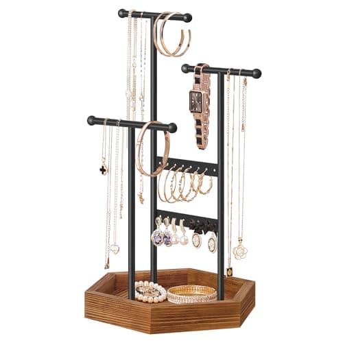 SONGMICS Jewelry Holder Jewelry Organizer 3 Tiers and 1 Tray Jewelry Display Stand with Metal Frame Necklace Earring Bracelet Holder for Rings Ink Black and Caramel Brown UJJS03CB