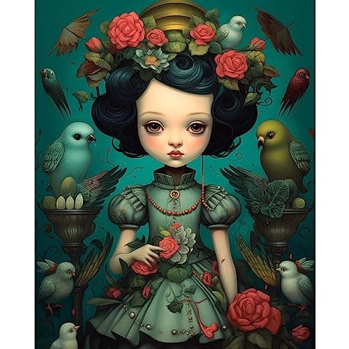 Dark Style Doll DIY Painting by Number for Beginner Delicate Dolls With Her Birds Paint by Numbers on Canvas Easy to Paint Artwork with Brushes and Paints for Home Decor Without Frame 16x20inch