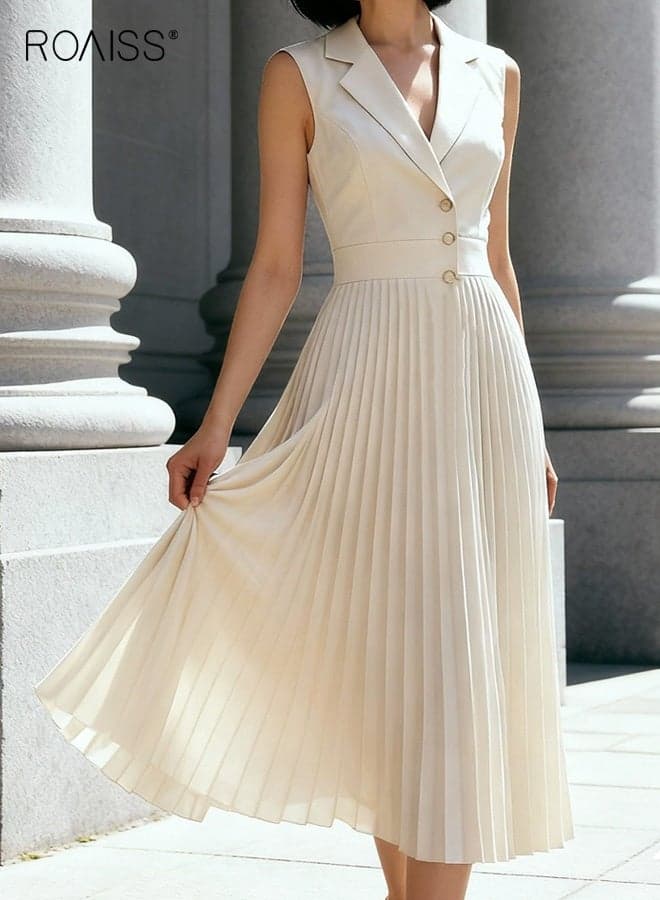 Women's Summer V-Neck A-Line Skirt Ice Silk Sleeveless Suit Collar High-Waisted Long Skirt Comfortable and Breathable Pleated Skirt Elegant and Stylish for Commute Beige