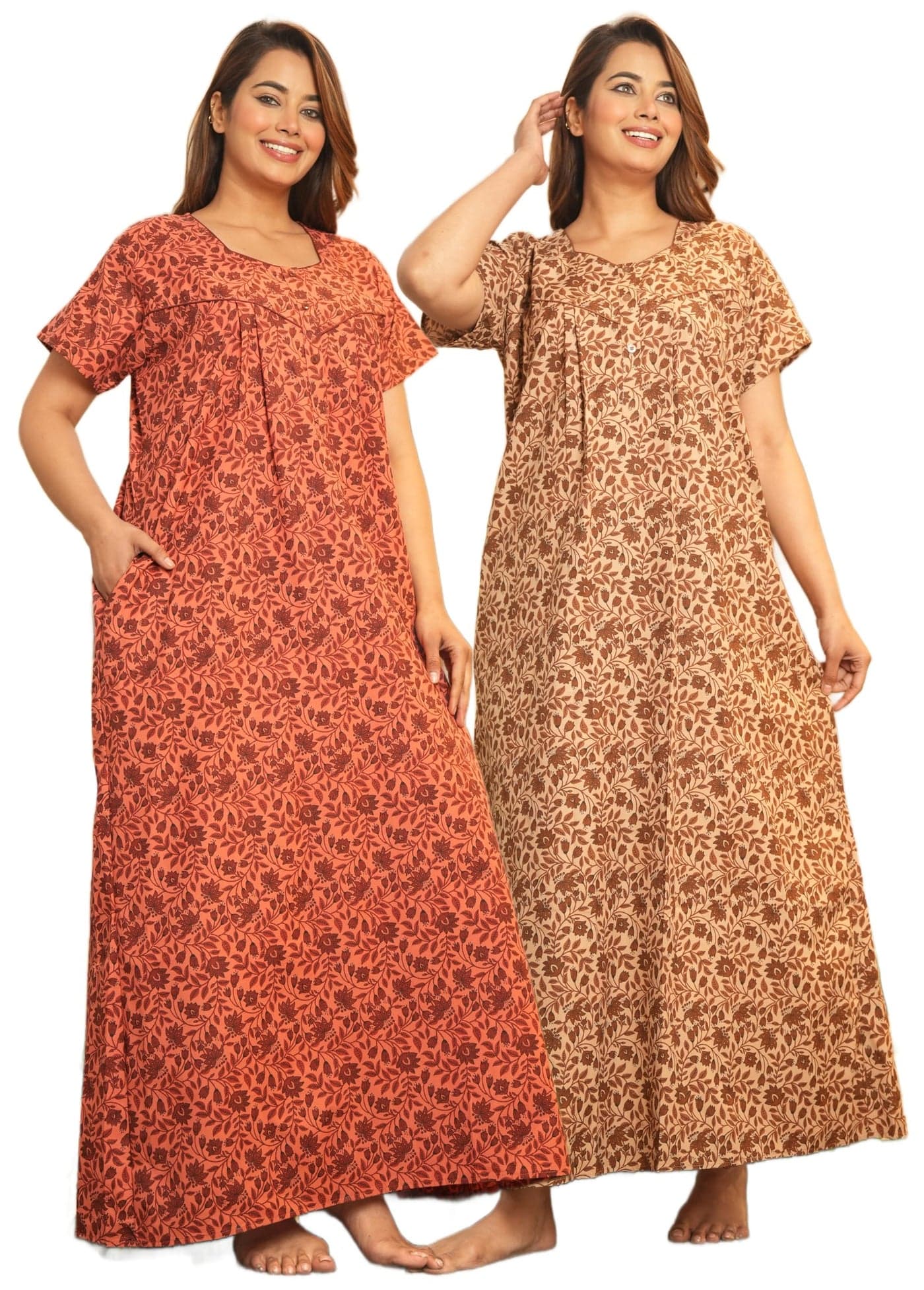 G4Girl Women’s Cotton Jaipuri Nighty Gown with Pocket – Combo of 2 (Orange, Chiku)