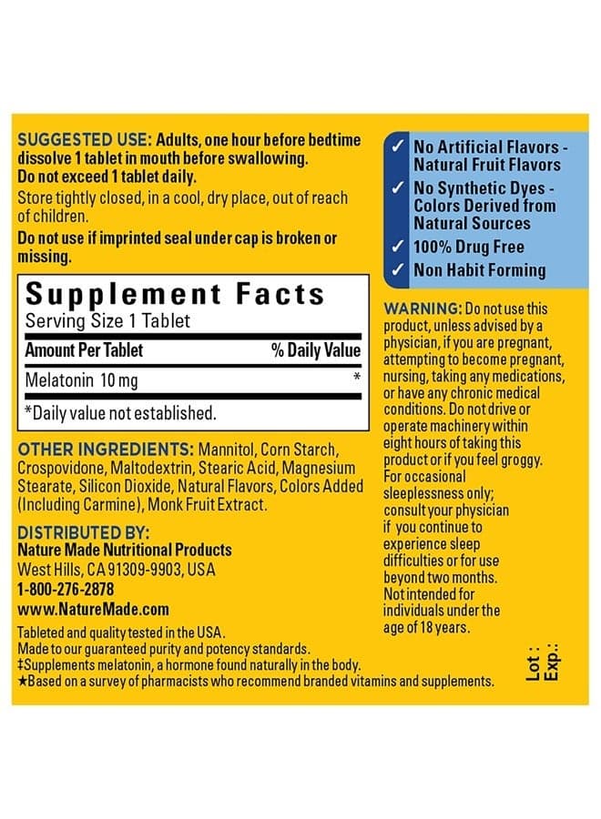 Fast Dissolve Melatonin 10mg, Maximum Strength 100% Drug Free Sleep Aid for Adults, 45 Tablets, 45 Day Supply