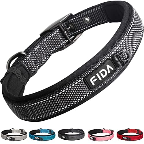 Fida Heavy Duty Dog Collar, Ultra Comfortable Soft Neoprene Padded, Adjustable Reflective Nylon Pet Collar with Durable Metal Belt Buckle for Medium Breeds (M, Black)