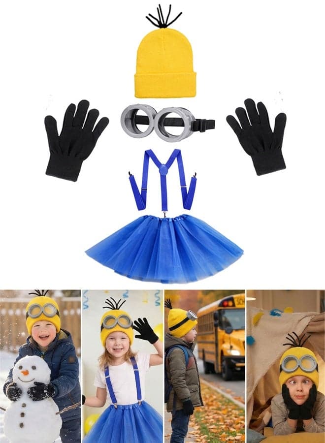 Yellow Character Dress Up Accessories Set Knit Hat with Hair Black Gloves Goggles Blue Tutu Suspenders Halloween Cosplay Costume for Men Women Boys Girls Adults