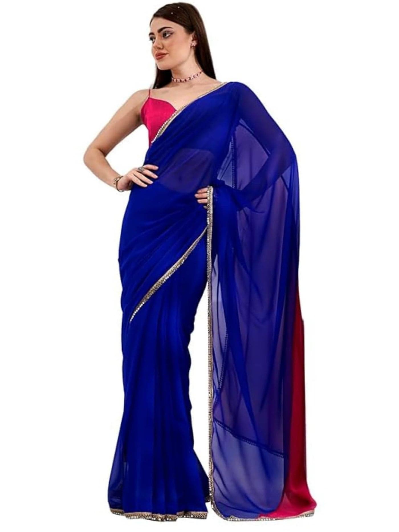 ORHANS Women's Georgette Two Color Mirror Work Lace Saree With Art Silk Matching Unstitched Blouse Piece