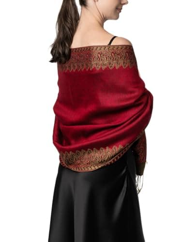Achillea Luxurious Double Layered Jacquard Big Paisley Pashmina Shawl Wrap Scarf (Burgundy Border)
