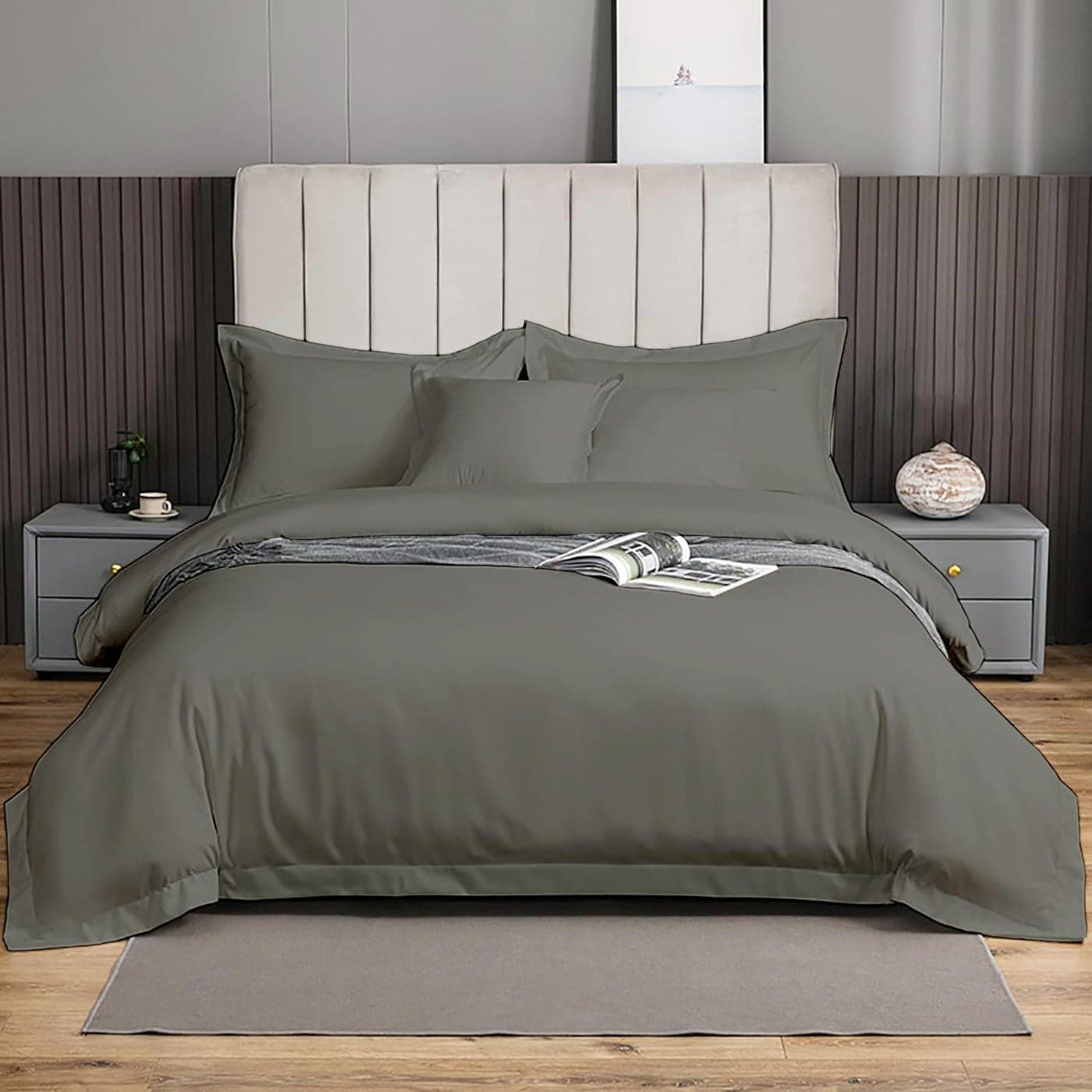 eBeddy Linens 800 TC Ultra Silky Soft Egyptian Cotton Super King Plus 120x120 Size 3Pieces Duvet Cover Hidden Zipper Closer Corner Ties Durable and Fade Resistant Dark Grey Solid