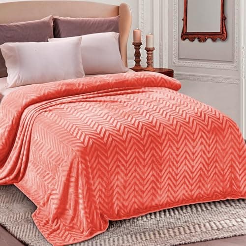Whale Flotilla Flannel Fleece Queen Size Bed Blanket, Lightweight Breathable Soft Bedspread Plush Fluffy Coverlet Chevron Design Decorative Blanket for All Season, 90x90 Inch, Coral