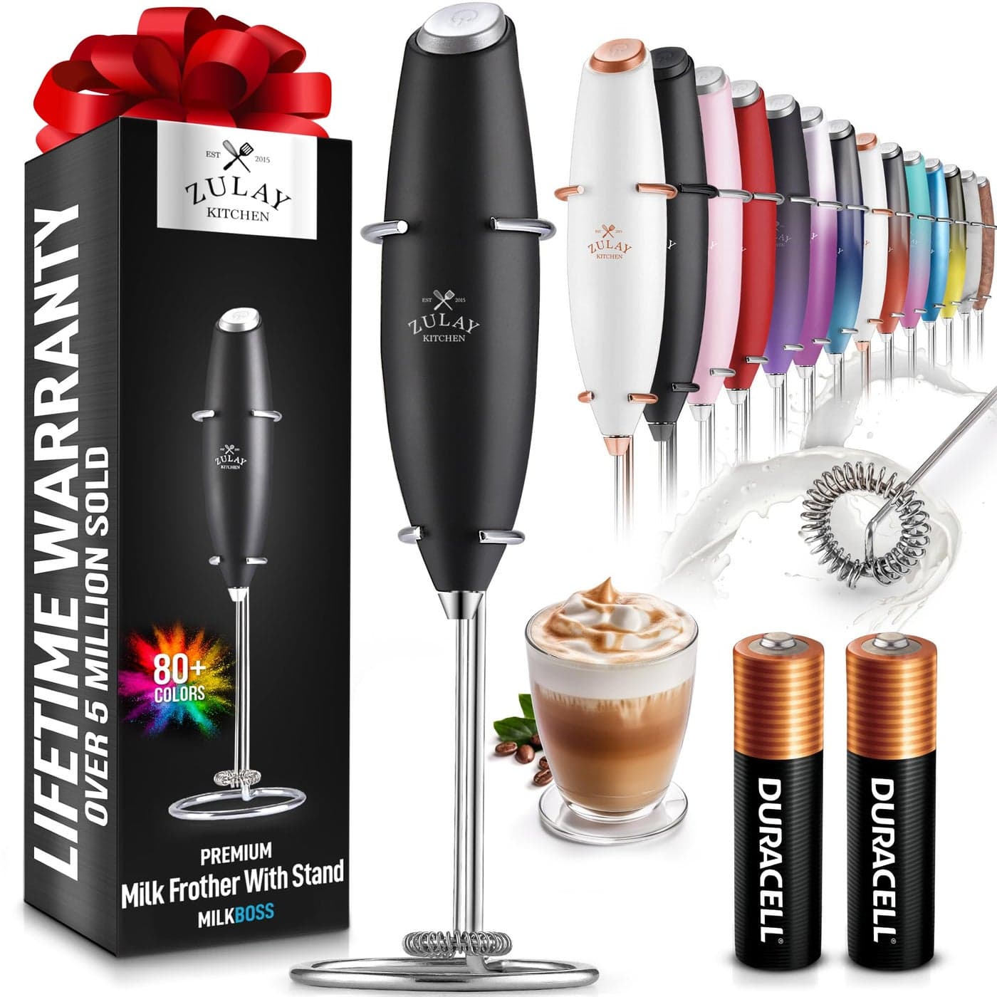 Zulay Kitchen Powerful Milk Frother Wand With 2 Duracell Batteries Ultra Fast Handheld Drink Mixer Electric Whisk Foam Maker for Coffee Lattes Cappuccino Matcha Hot Chocolate Creamer Black