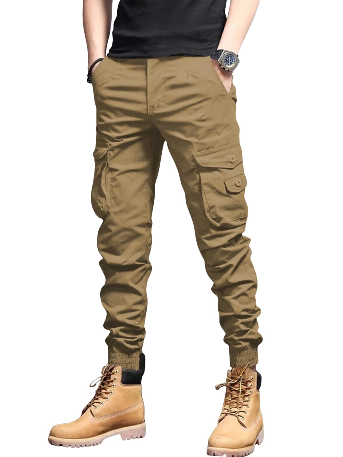 LERIYA Fashion Men's Cargo Pants with Pockets | Cotton Joggers for Men | 6 Pocket Jeans Pant | Casual Trousers for Men (LF-TP-1174-XL-KHAKHI)