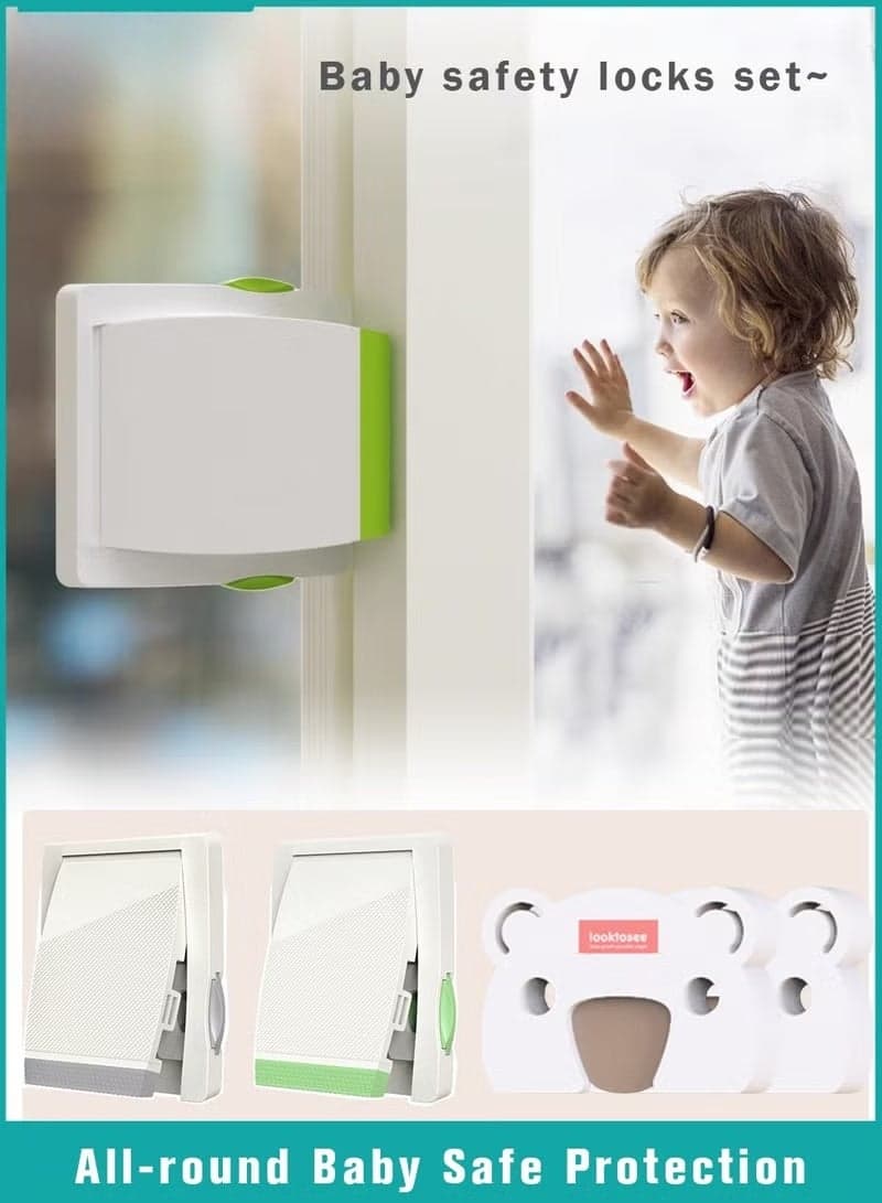 4-Piece Baby Safety Locks And Baby Safety Door Stopper, Sliding Window Safety Locks, Child Window Restrictor, Child Proof Door Guard, Children Security Locks for Sliding Windows, Door, Cabinets, Ideal for Toddlers and Kids
