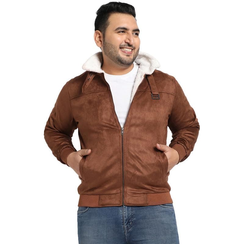 Instafab Plus Men's Brown Zip-Front Jacket With Fleece Detail For Casual Wear | High Neck | Long Sleeve | Zipper Closure | Suede Jacket Crafted With Comfort Fit For Everyday Wear